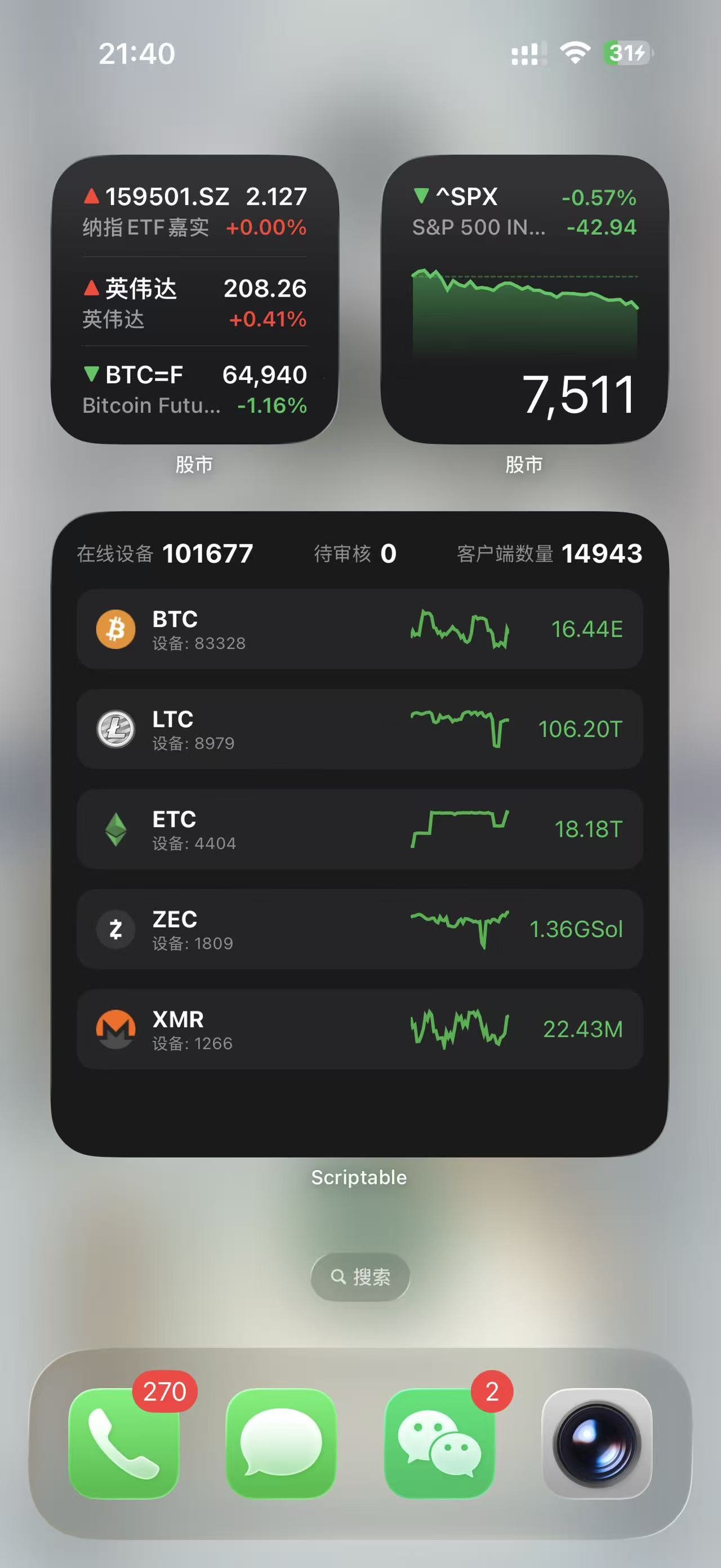Scriptable customized TCMinerProxy data widget on an iPhone home screen